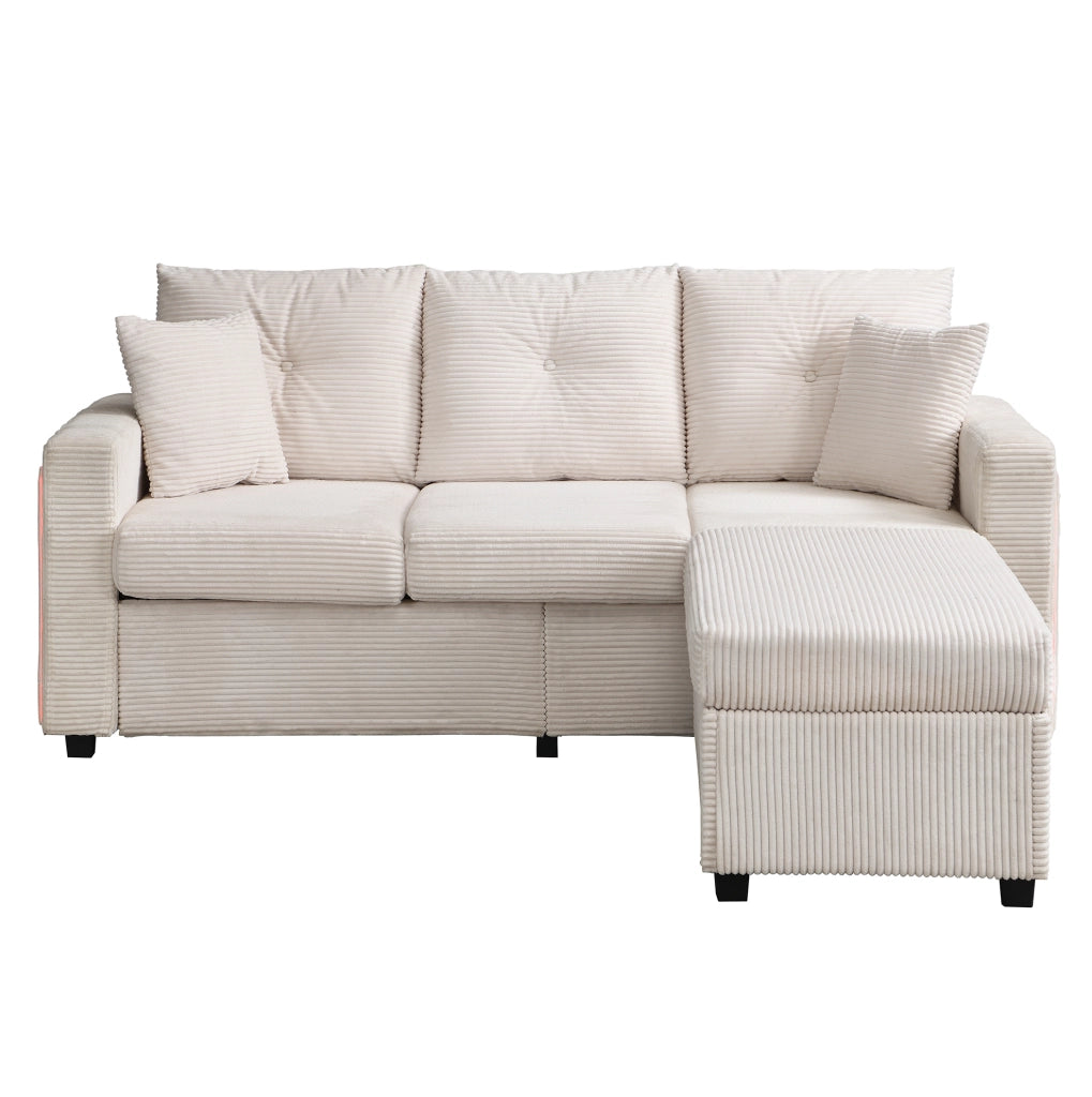 Divano angolare modulare in tessuto cord beige con LED; pouf 98x51 cm e cuscini