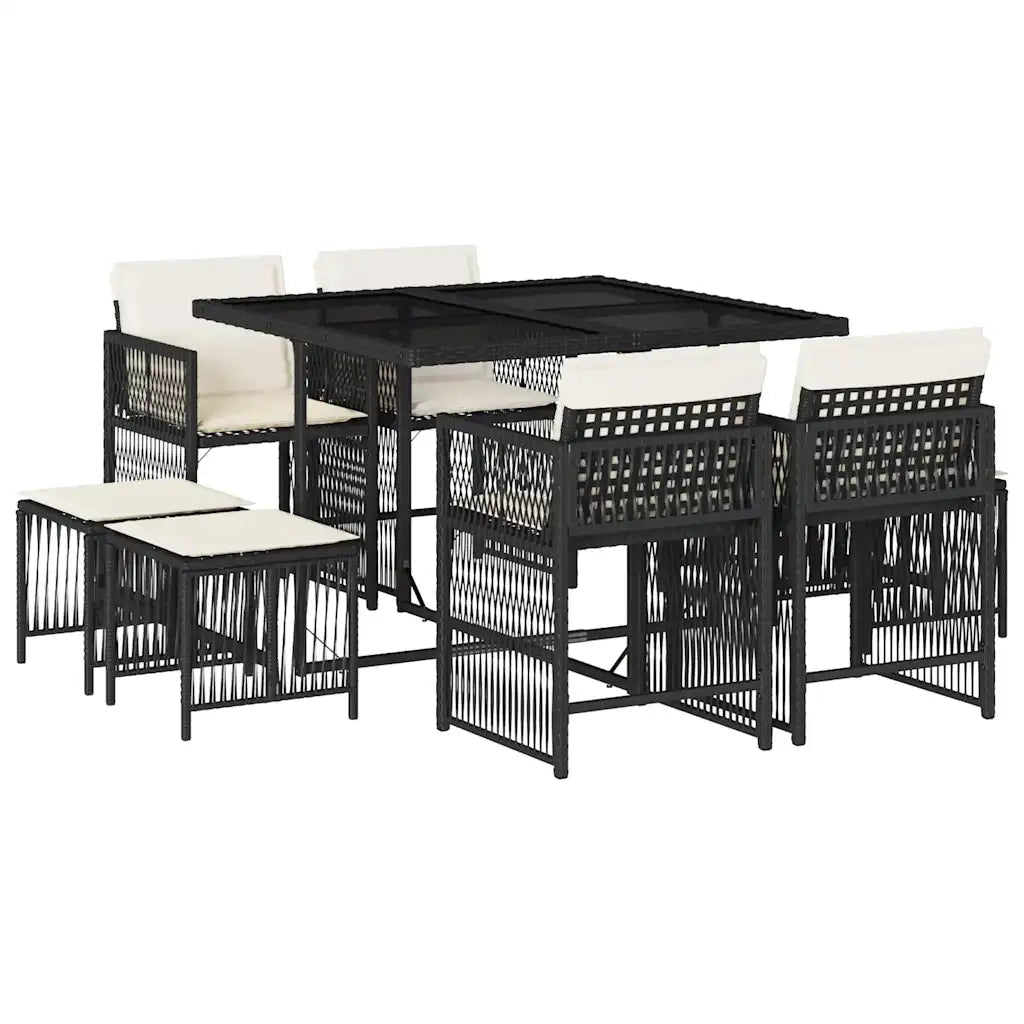 Set da Pranzo da Giardino 9 pz con Cuscini Nero in Polyrattan 3211674