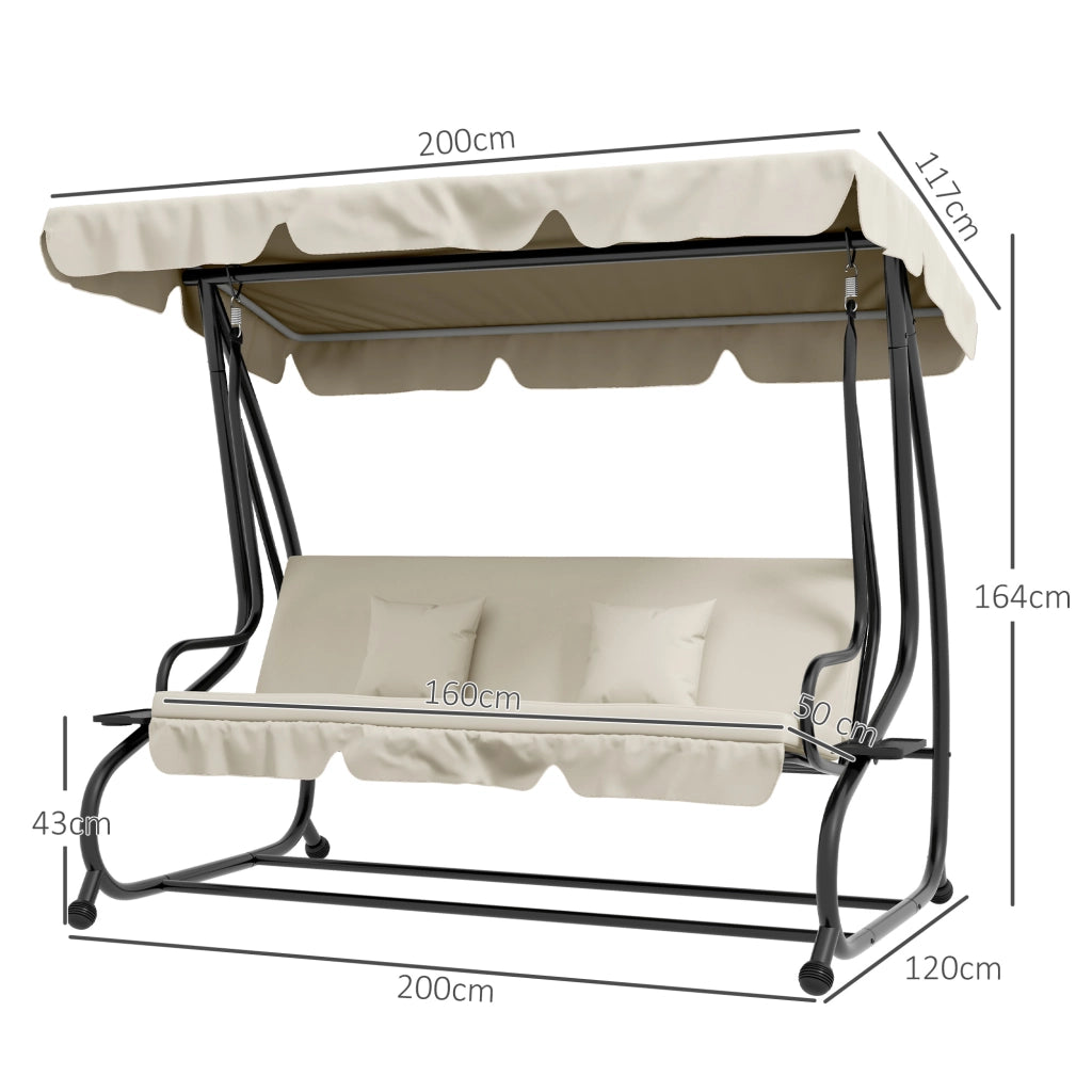 Dondolo Letto da Giardino con Tettuccio Regolabile e Vassoi, in Acciaio e Teslin, 200x120x164 cm, Crema