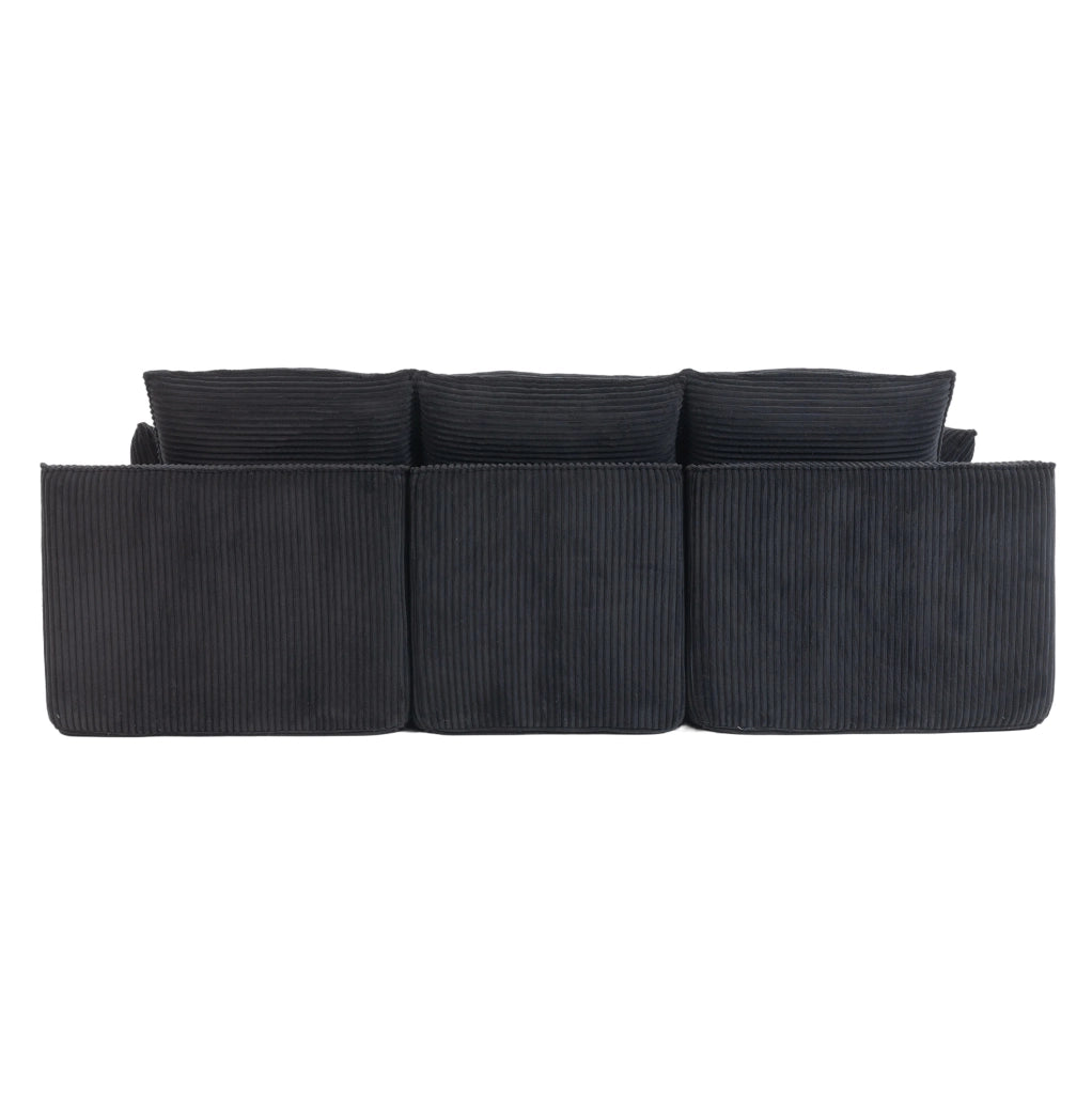 Divano modulare in velluto a coste nero con pouf e tasche laterali