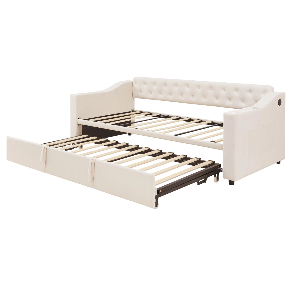 Divano letto imbottito 90x190 cm trasformabile in 180x190 cm; velluto beige con USB