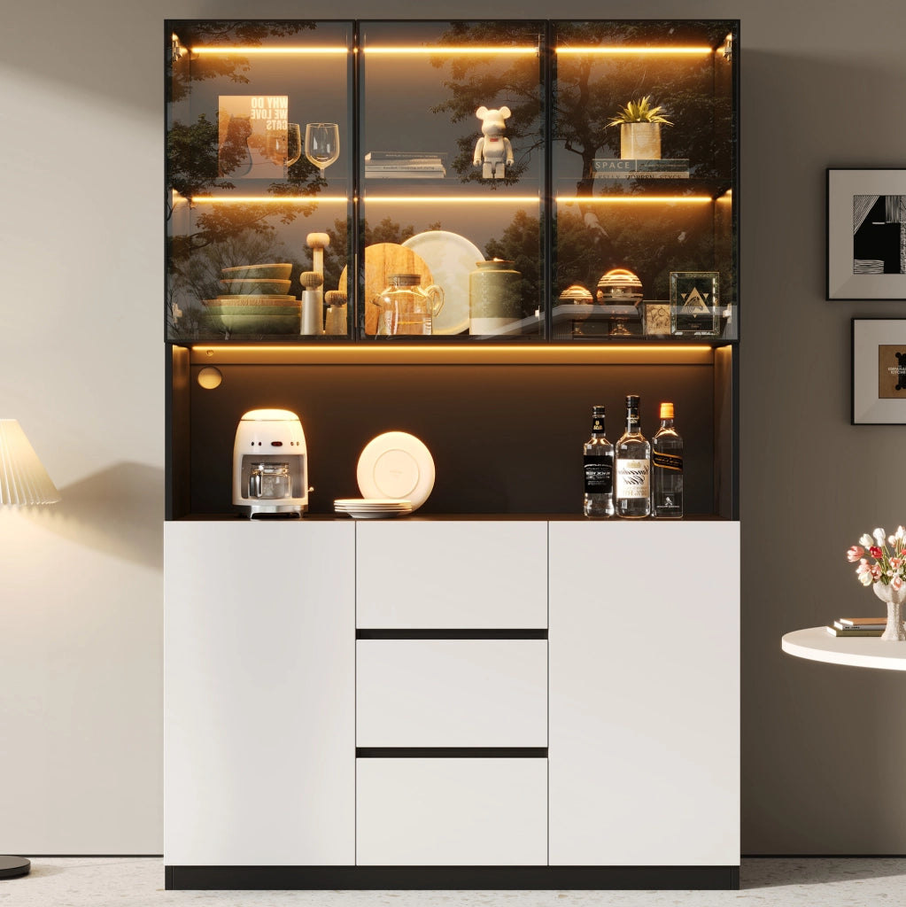 Vetrina in vetro con LED 120x40x200 cm; MDF nero; con ripiani aperti; 3 cassetti e 2 ante