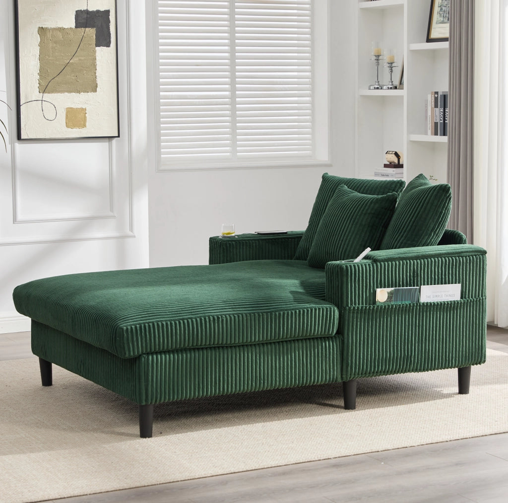 Chaise longue in velluto a coste verde smeraldo con LED e USB