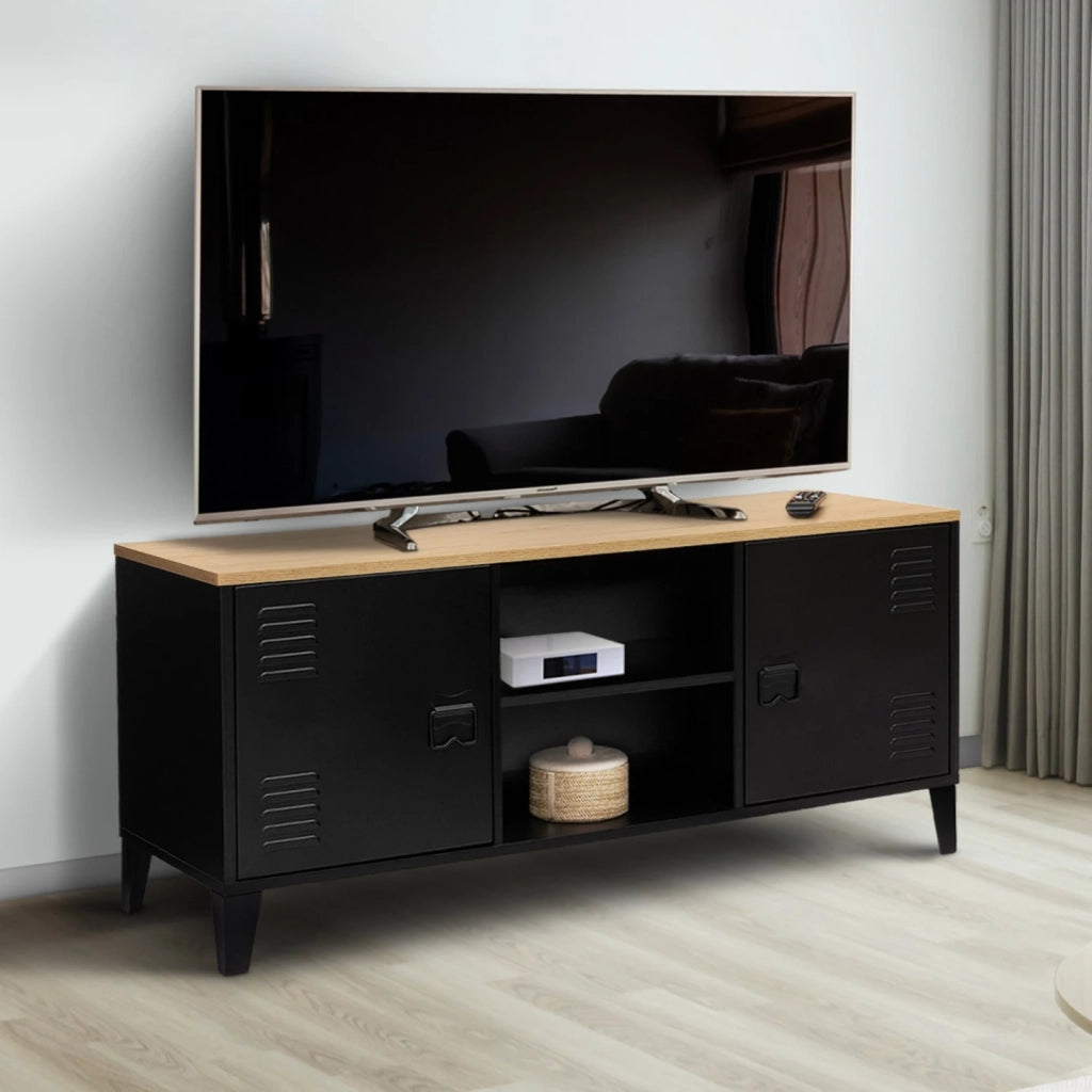 IDMarket - Mobile TV ESTER 113 cm con 2 ante in metallo nero e piano in legno industriale