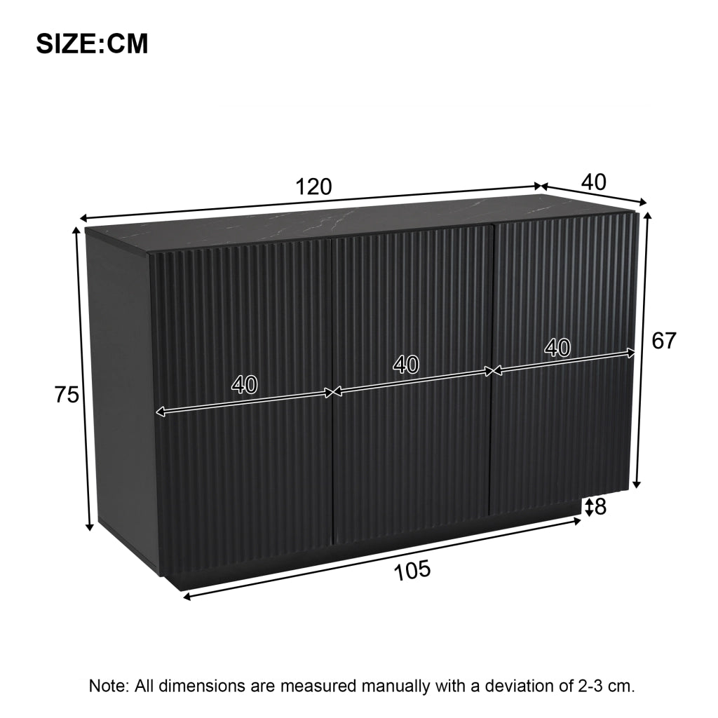 Credenza moderna 120 cm con LED Bluetooth, finitura nera effetto marmo, 3 ante e 6 scomparti