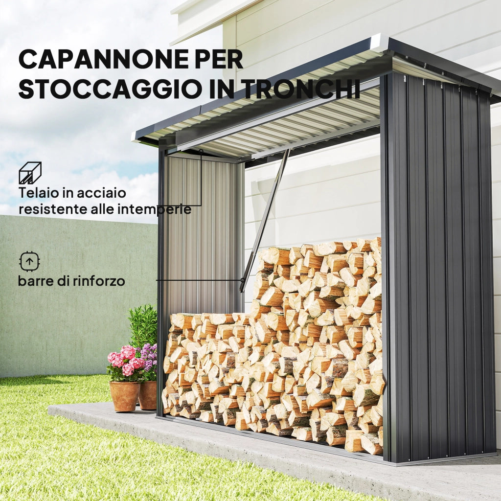 Capanno Portalegna in Acciaio da Esterno, Base Rialzata e Tetto Inclinato, 213x66.5x150 cm, Grigio Scuro