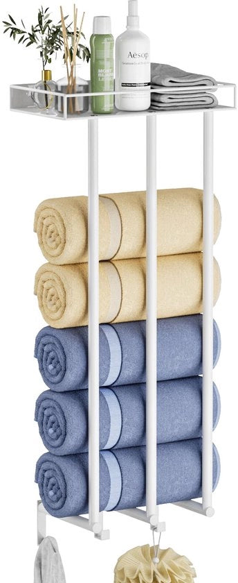 Maniglione per asciugamani per la doccia - Supporto da appendere per asciugamani arrotolati con pannelli metallici e 3 ganci, 3 stanghe, organizzatore asciugamani per piccole docce (bianco)