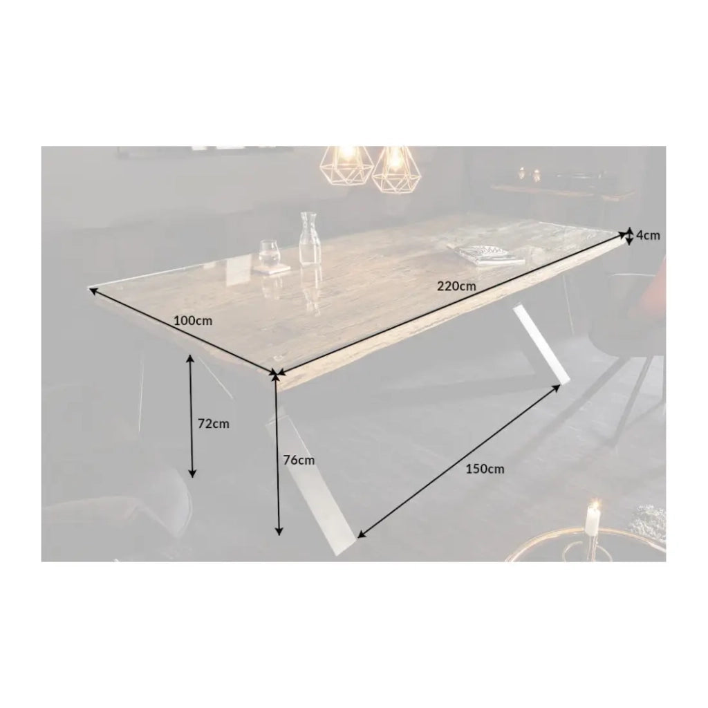 Table RAFTA 220 x 100 cm - Piano in teak massiccio con vetro temperato e gambe in metallo nero a X