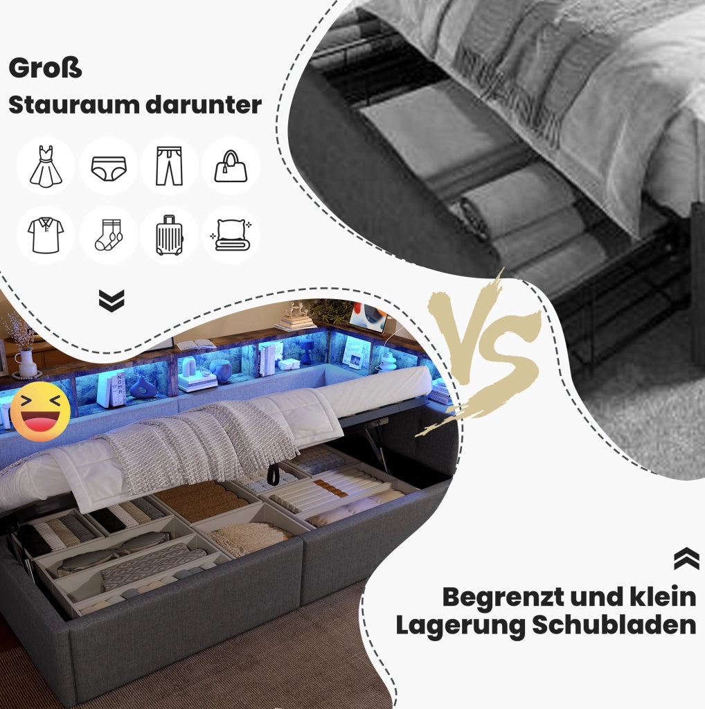 Letto da giorno 90x200 cm grigio con LED, USB e vano idraulico