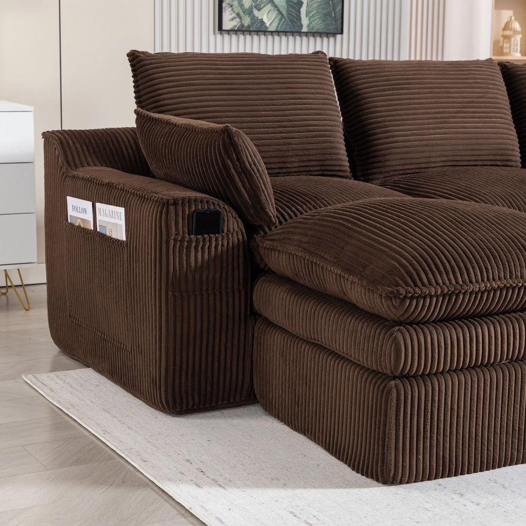 Divano modulare 4 posti con 2 pouf; tasche laterali e cuscini in tessuto a coste marrone