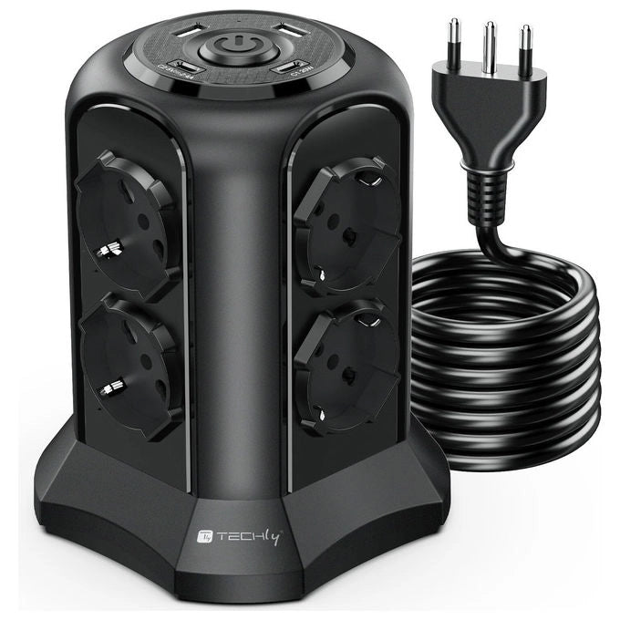 Techly, Multipresa a Torretta, Salvaspazio, 8 Posti Italiana-Schuko, 2 USB-A, 2 USB-C, Nera