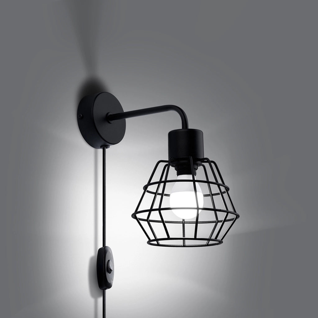 Applique industriale nera in metallo con interruttore E14