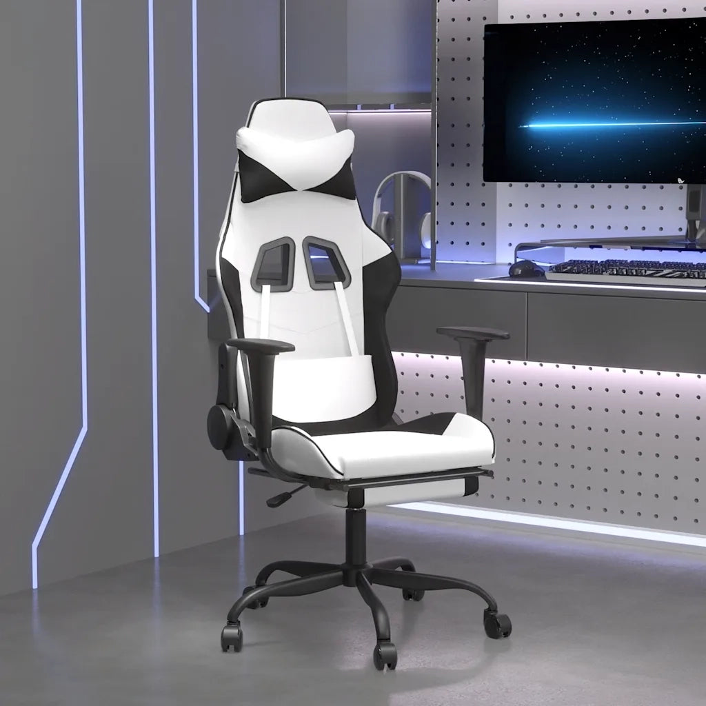 Sedia da Gaming | Sedia da e-sports Massaggio Poggiapiedi Bianco e Nero Similpelle