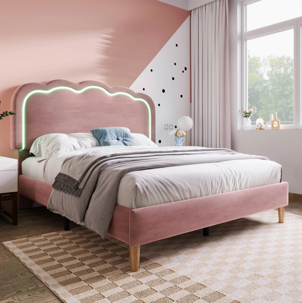 Letto 140 x 200 cm con LED e testiera regolabile in velluto rosa