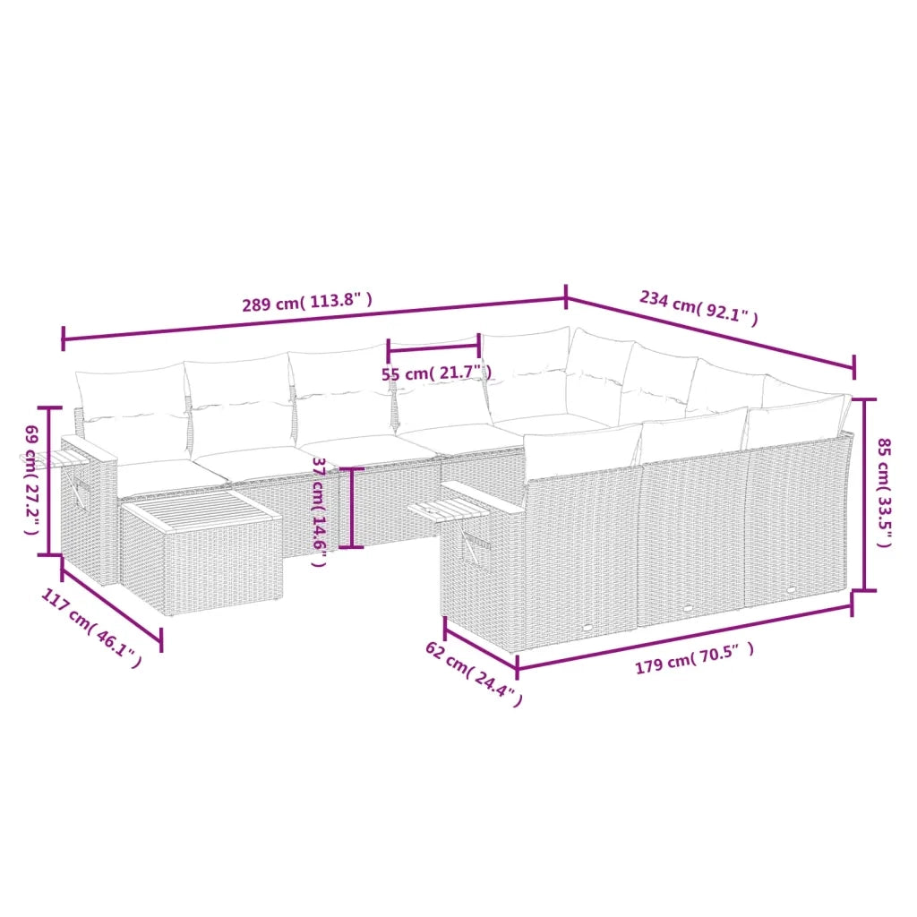 Set Divani da Giardino 11 pz con Cuscini in Polyrattan Grigio