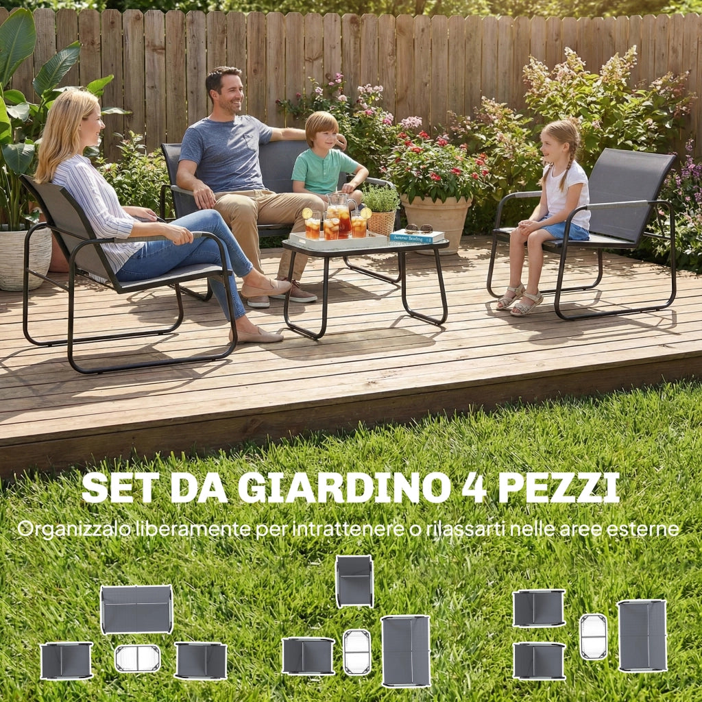 Set 4 Pezzi da Giardino con Divano 2 Posti 2 Sedie e Tavolino Struttura in Metallo Grigio