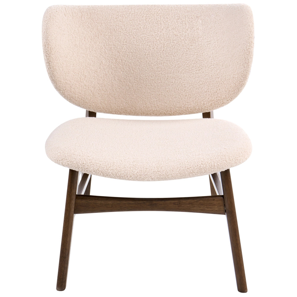 Poltrona in tessuto bouclé di poliestere marrone e beige chiaro, con gambe in legno di gomma, stile retrò tradizionale