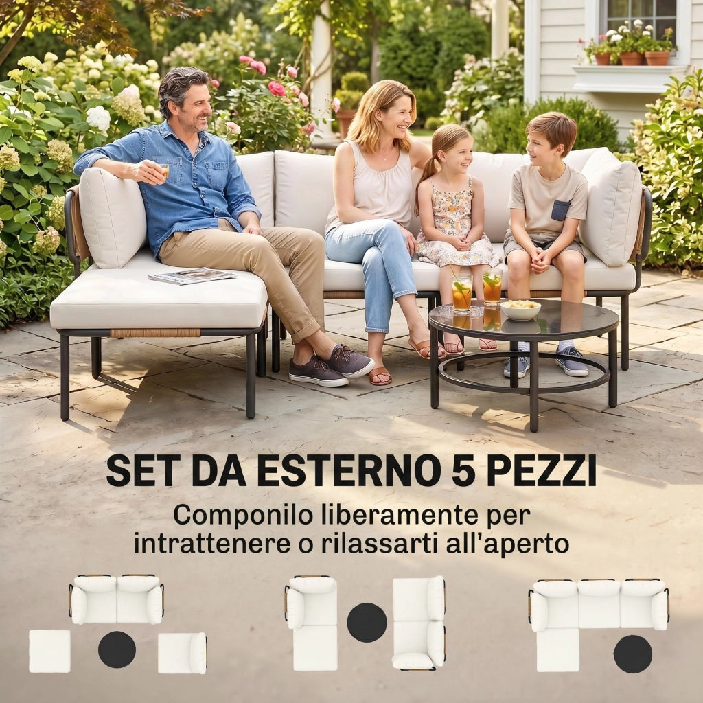 Set Giardino 5 Pezzi. Rattan Componibile L con Cuscini. Colore Cachi