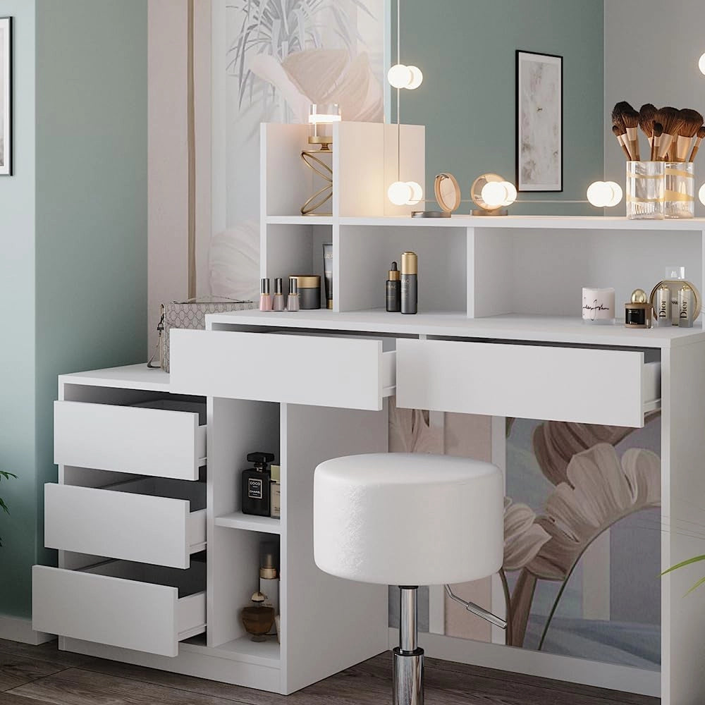 Tavolo da toeletta Anja, Bianco, 139.8 cm con illuminazione a LED e sgabello, Cassetti per organizzare nel disordine