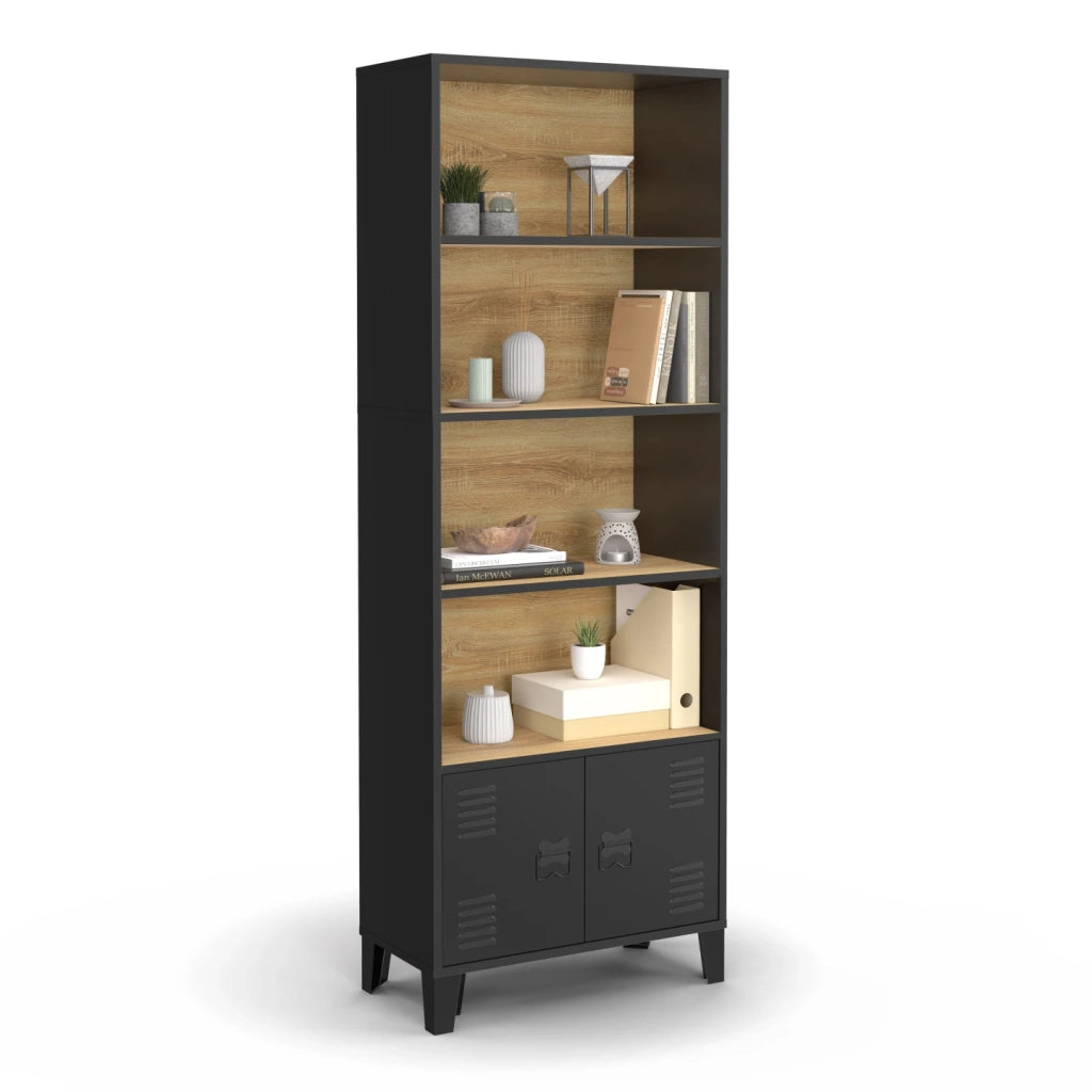 IDMarket - Libreria a 4 livelli con armadio ESTER con ante in metallo nero e piano in legno dal design industriale