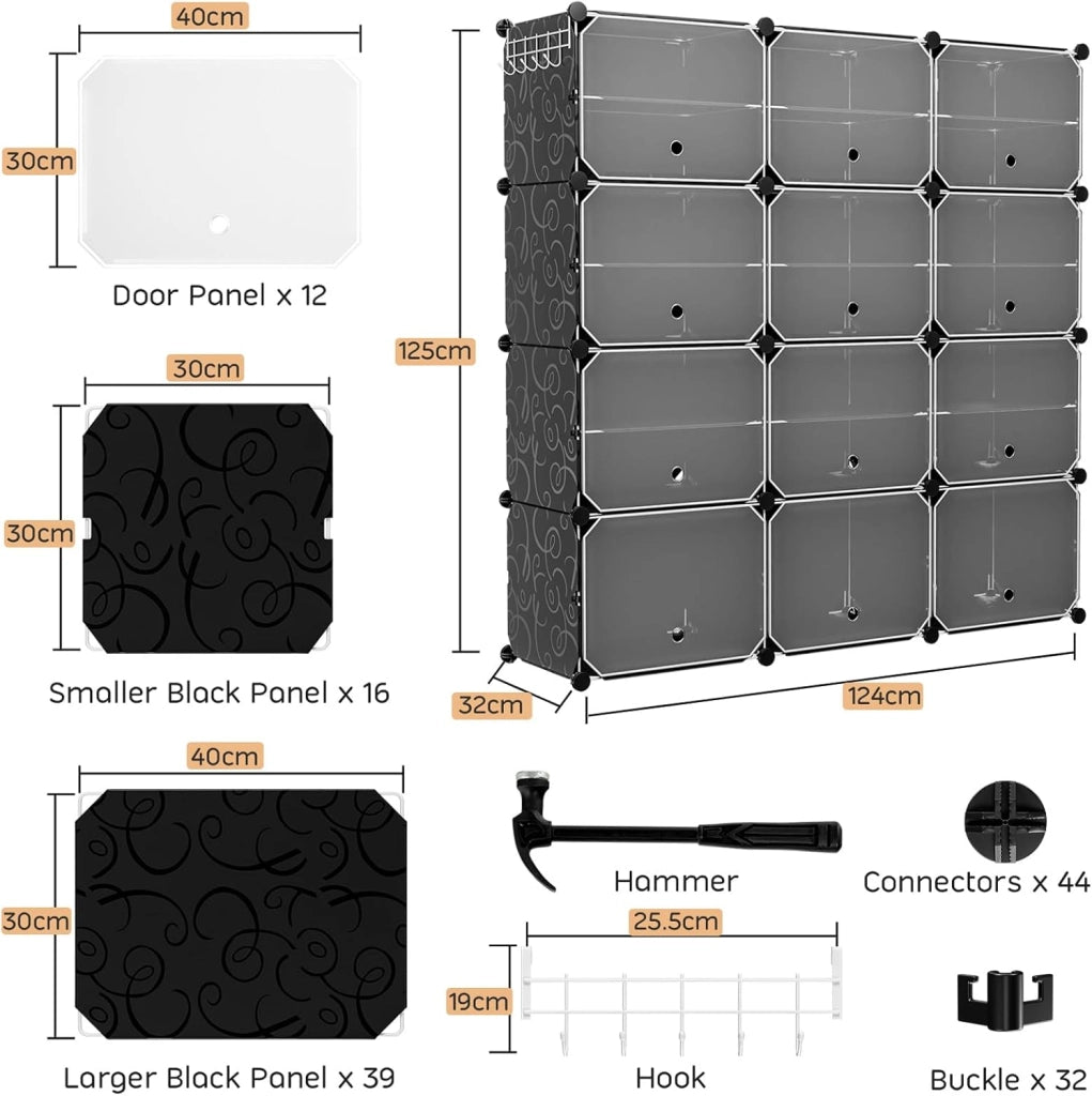 Scatola per scarpe con 12 cubi con ripiano rimovibile, mobile da 48 paia, 5 ganci da appendere, 12 ante 124 x 32 x 125 cm, per corridoio, ingresso, soggiorno, nero (Nero)