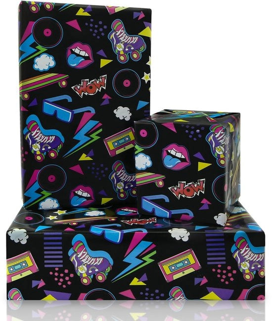 Pacco di Regalo Retro Anni 80/90 - Pacco di Regalo per Festa - Pacco di Regalo per Bambini - 4 Fogli 50 x 70 cm - Carta da Regalo Neon Graffiti - Ideale per le Feste
