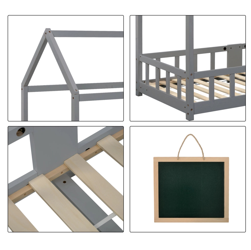 Letto a casetta per bambini 90x200 cm con lavagna e protezione anticaduta; legno grigio