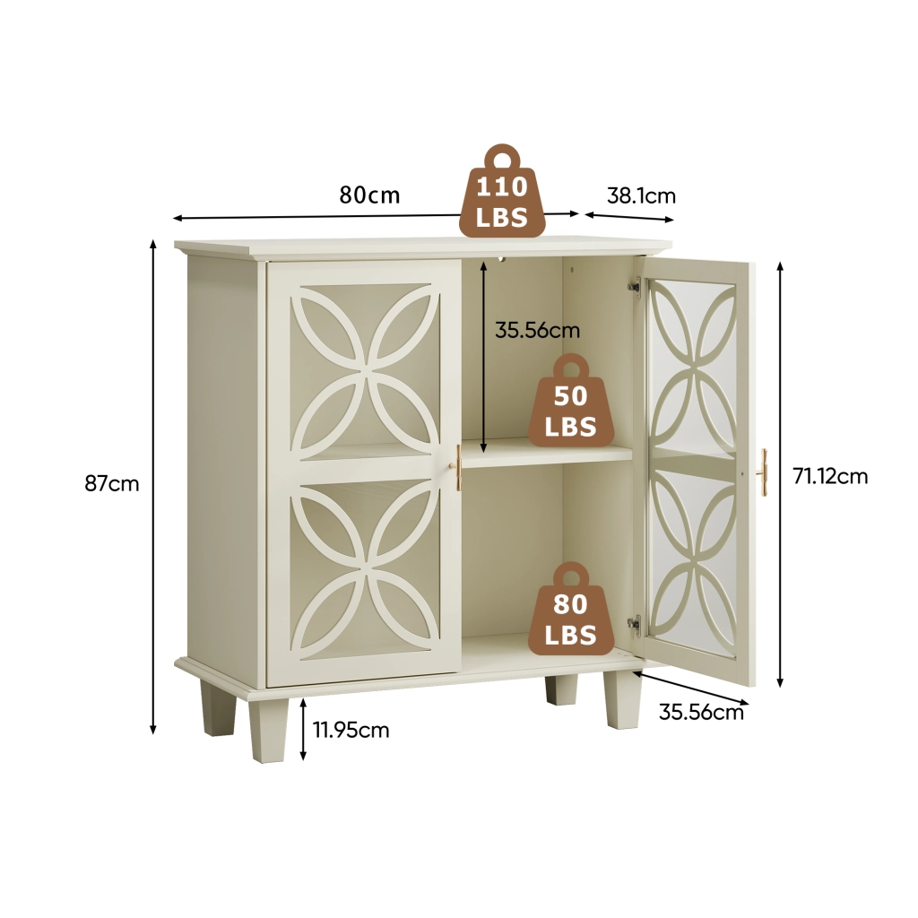 Credenza con 2 ante in vetro e ripiani regolabili; per cucina; in MDF; crema; 94×47.3×16.0 cm