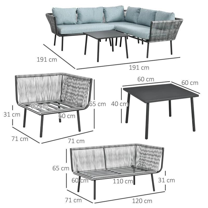 SET DA GIARDINO 4 PEZZI IN RATTAN CON TAVOLINO DA CAFFÈ, 2 DIVANI AD ANGOLO E POLTRONCINA, NERO GRIGIO E BLU