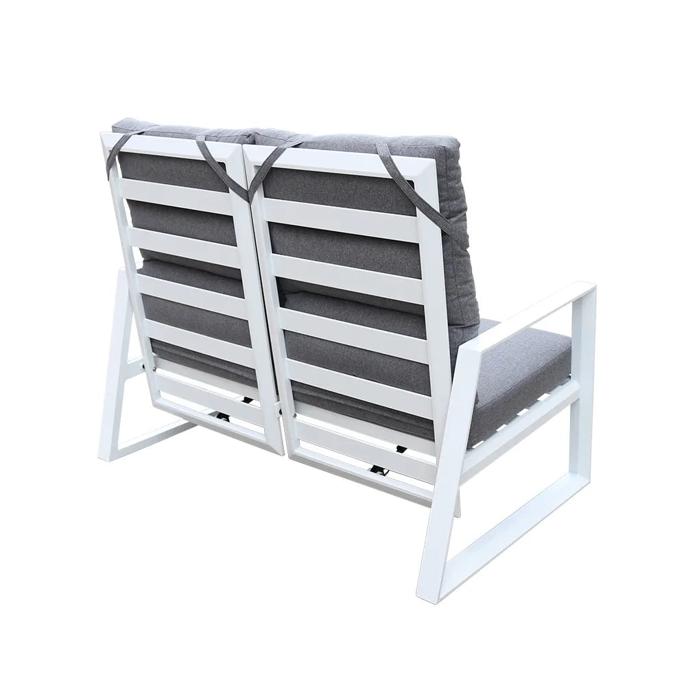 Tempo Style - Salottino Lounge in alluminio MIKONOS bianco/grigio | Lounge da giardino con divano, tavolo, 2 poltrone e cuscini | Set di mobili da giardino in metallo da 4 persone