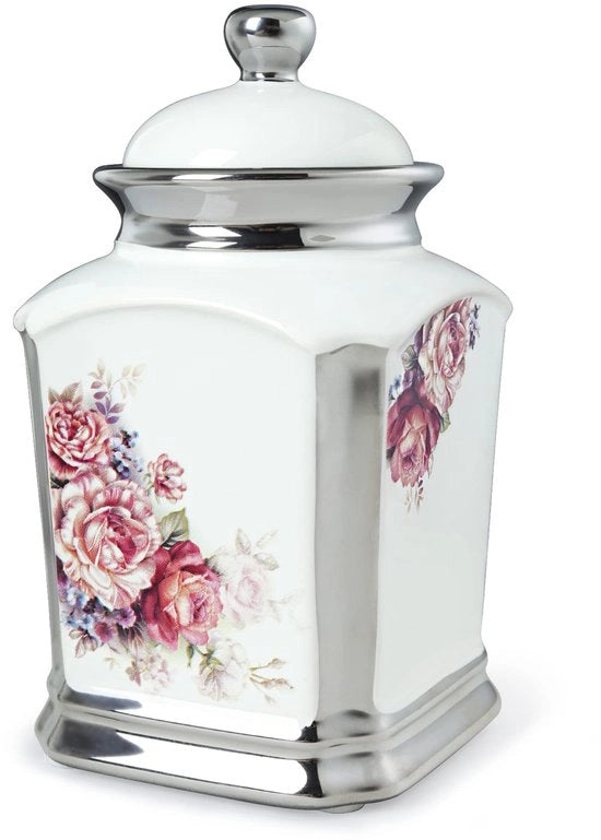 Vasca ceramica per magazzino con coperchio, contenitore per alimenti a fiori rossi, cassettone per la dispensa con contenitori per zucchero, biscotti, spezie, caffè, fiori bianchi, (FKT0550A)