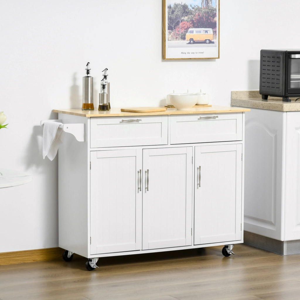 Carrello da Cucina Multiuso in Legno con 2 Cassetti, 3 Antine e 4 Ruote 121x46x91cm - Bianco