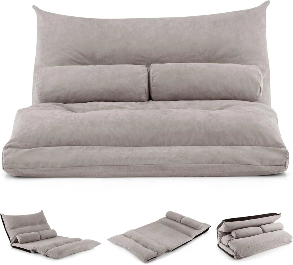 Divano da Terra Pieghevole, Divano Letto 2 Posti con Schienale Regolabile, Divano da Pavimento Trasformabile con 2 Cuscini per Camera da Letto Salone Balcone (Grigio)