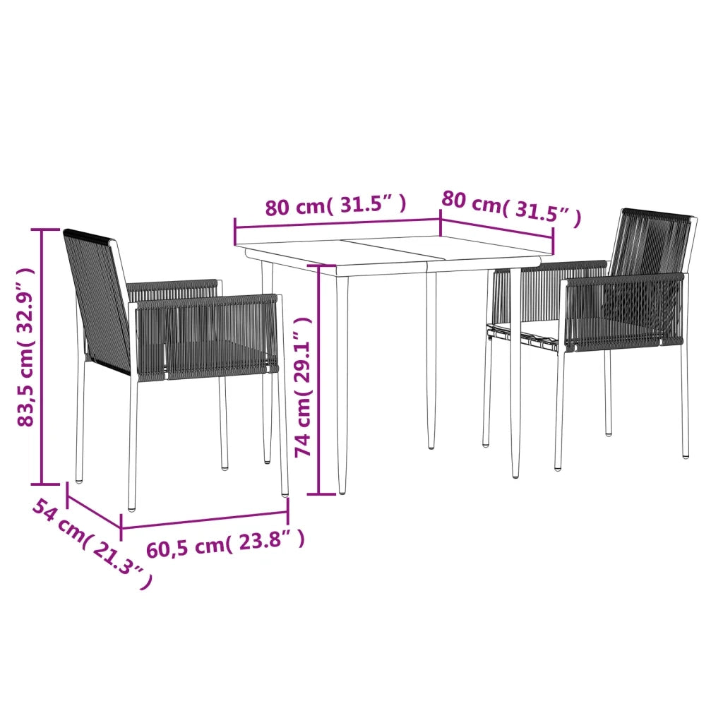 Set Pranzo Giardino 3 pz | Set Salotto da Giardino con Cuscini Polyrattan e Acciaio Nero