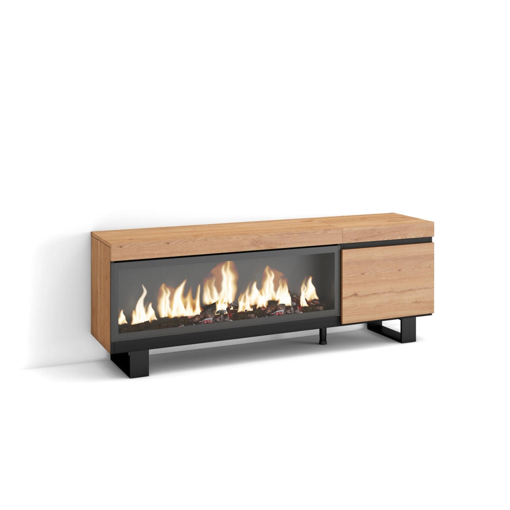 Mobile TV Soggiorno, 158x35x57cm, Per TV fino a 65", Camino elettrico XXL, Design industriale, colore Rovere RF3251