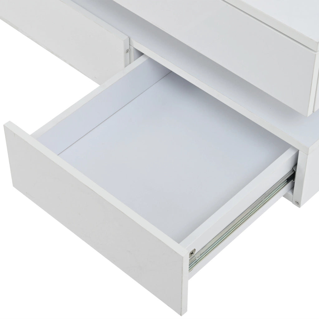 Tavolino da salotto quadrato con 3 cassetti e LED USB; piano in vetro; finitura lucida; per soggiorno; bianco; 70 × 70 × 35 cm