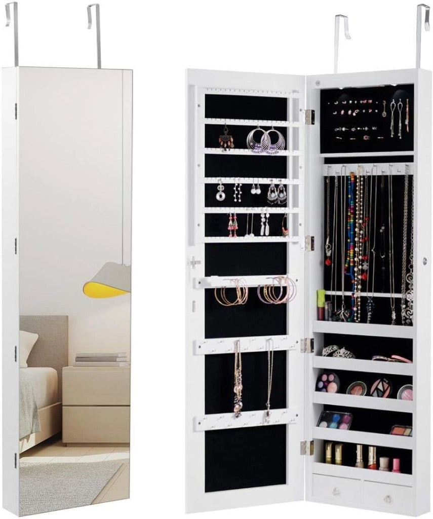 Armadio per Gioielli da Parete, con Luce a LED, 2-In-1 Design, Armadietto con Specchio Salvaspazio, 120 x 36 x 10 cm (BIANCO)