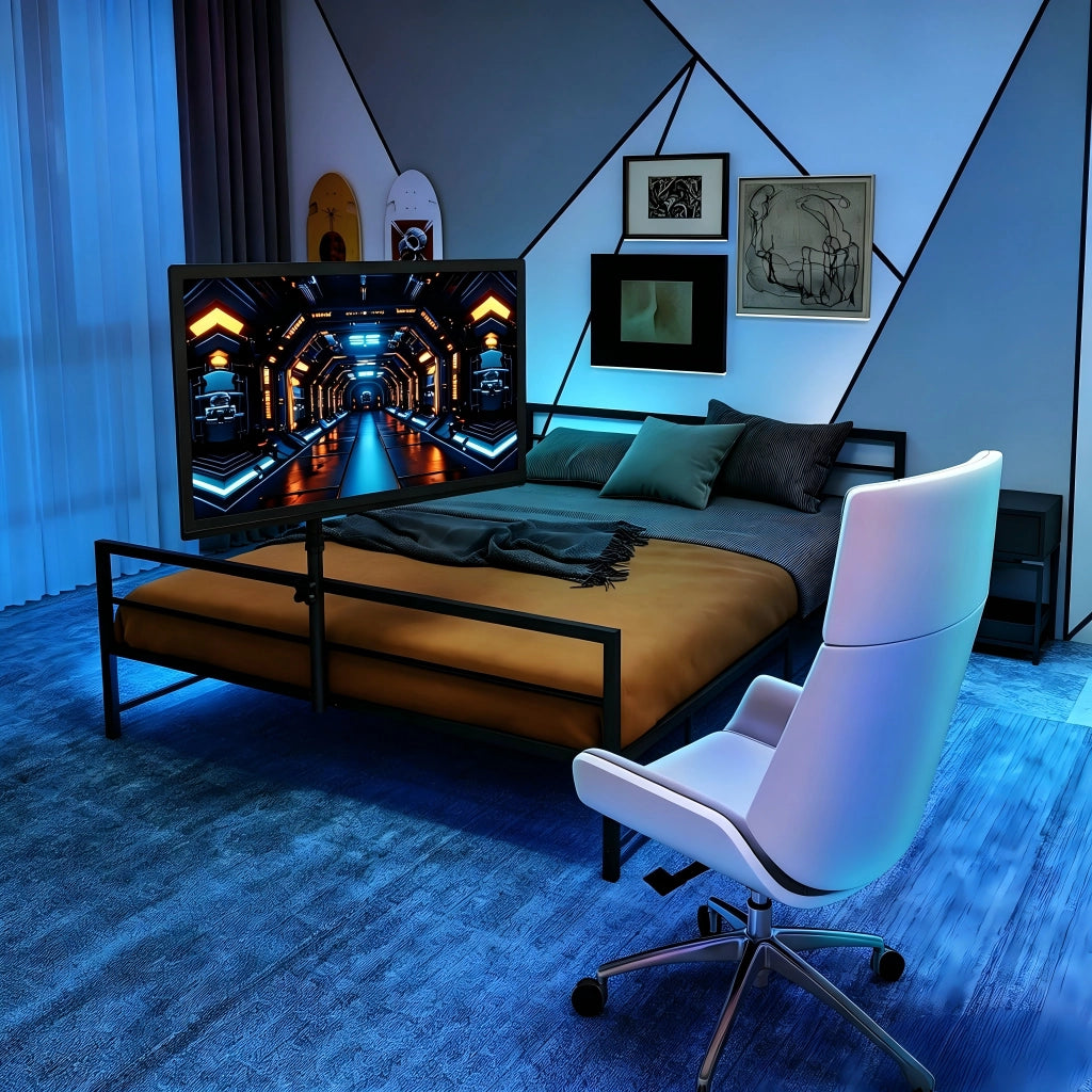 Letto gaming in metallo nero con supporto regolabile, luci LED e cestino contenitore sotto il letto