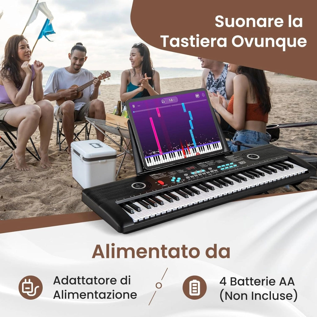 Pianoforte Digitale a 61 Tasti, Pianoforte Elettronica con Supporto, Microfono, Pianoforte Portatile con Adesivi per Tasti e Borsa da Trasporto, per Bambini e Adulti (Nero)