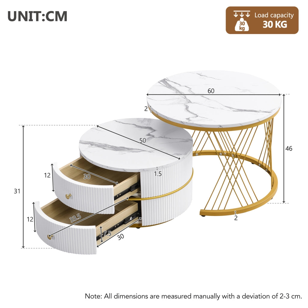 Tavolino da caffè con 2 cassetti e piano lucido - per soggiorno - in MDF - bianco