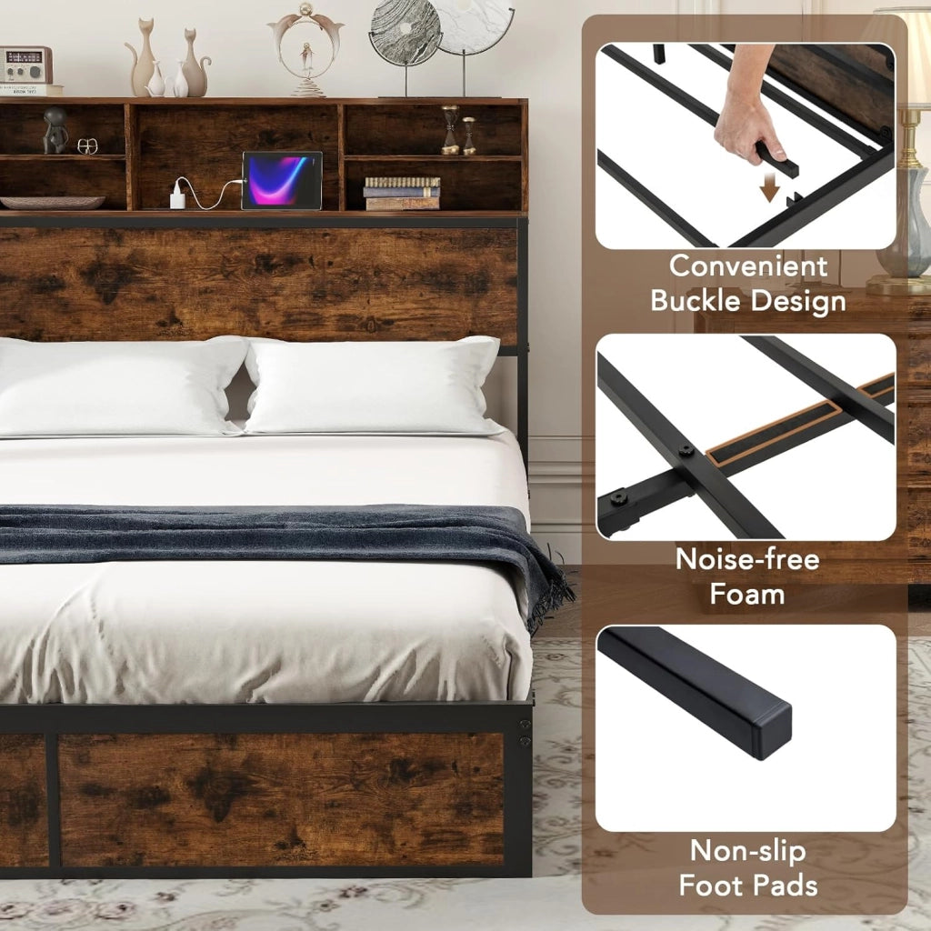 Struttura Letto Matrimoniale, Letto a Piattaforma 200 x 140 cm con Testiera con Contenitore & Stazione di Ricarica, Struttura Lettino in Metallo con Supporto a Doghe, Marrone Rustico