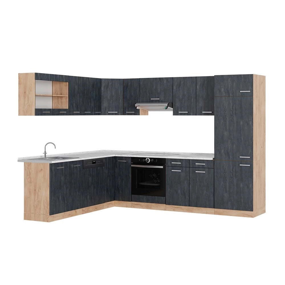 Cucina angolare completa R-Line Calce nera/Rovere dorato 287 x 227 cm PL Marmo Vicco