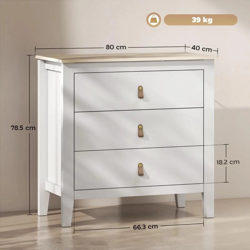 CASSETTIERA PER CAMERA DA LETTO A 3 CASSETTI CON MANIGLIE IN FINTA PELLE, 80X40X78.5 CM, BIANCO