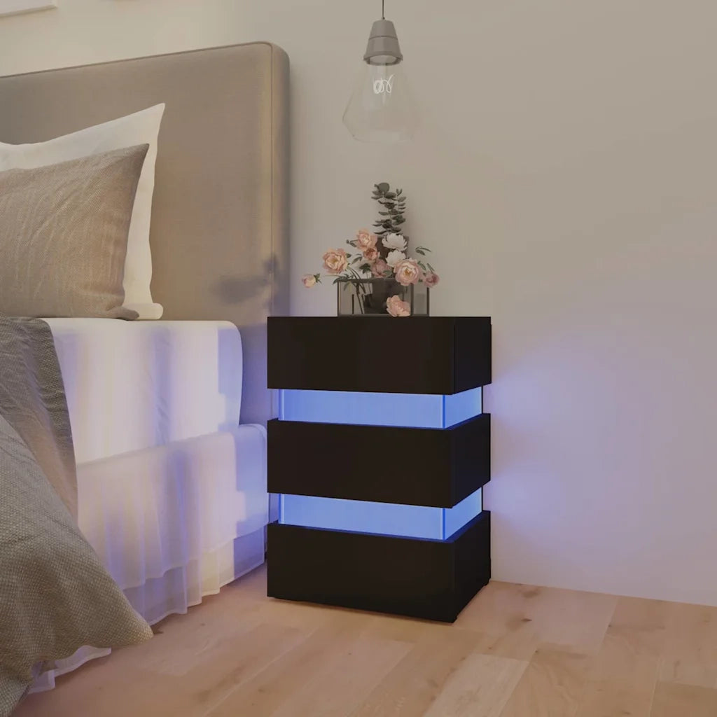 Comodino con Luci LED-Tavolino da notte Nero 45x35x67 cm in Legno Multistrato