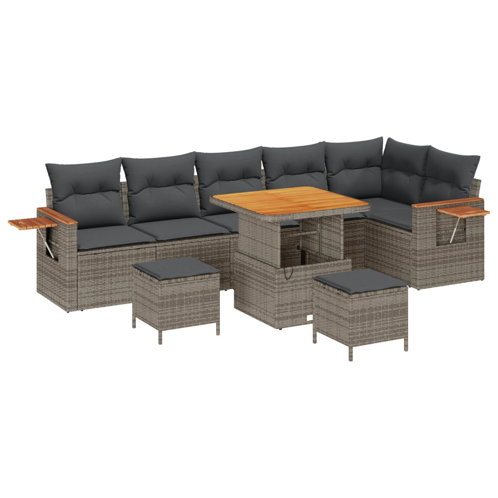 Set di 9 Pezzi per Giardino con Cuscini Grigio Polyrattan Acacia