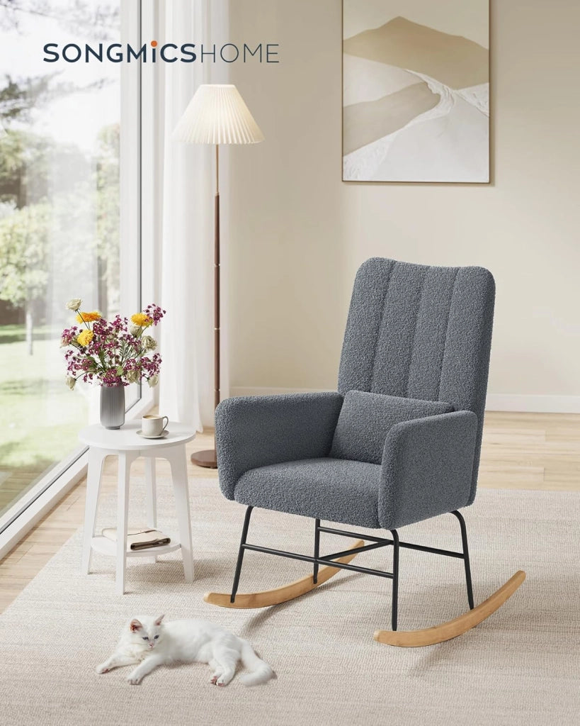 Sedia a Dondolo, con Braccioli, Poltrona a Dondolo, Rivestimento in Peluche, Struttura in Acciaio, Piedi in Legno, Portata 160 kg, Camera da Letto Salotto, Grigio Ardesia LYY500G01