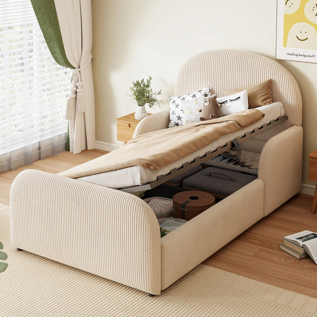 Letto imbottito per bambini 90x200 cm in velluto beige con contenitore idraulico e sponde laterali