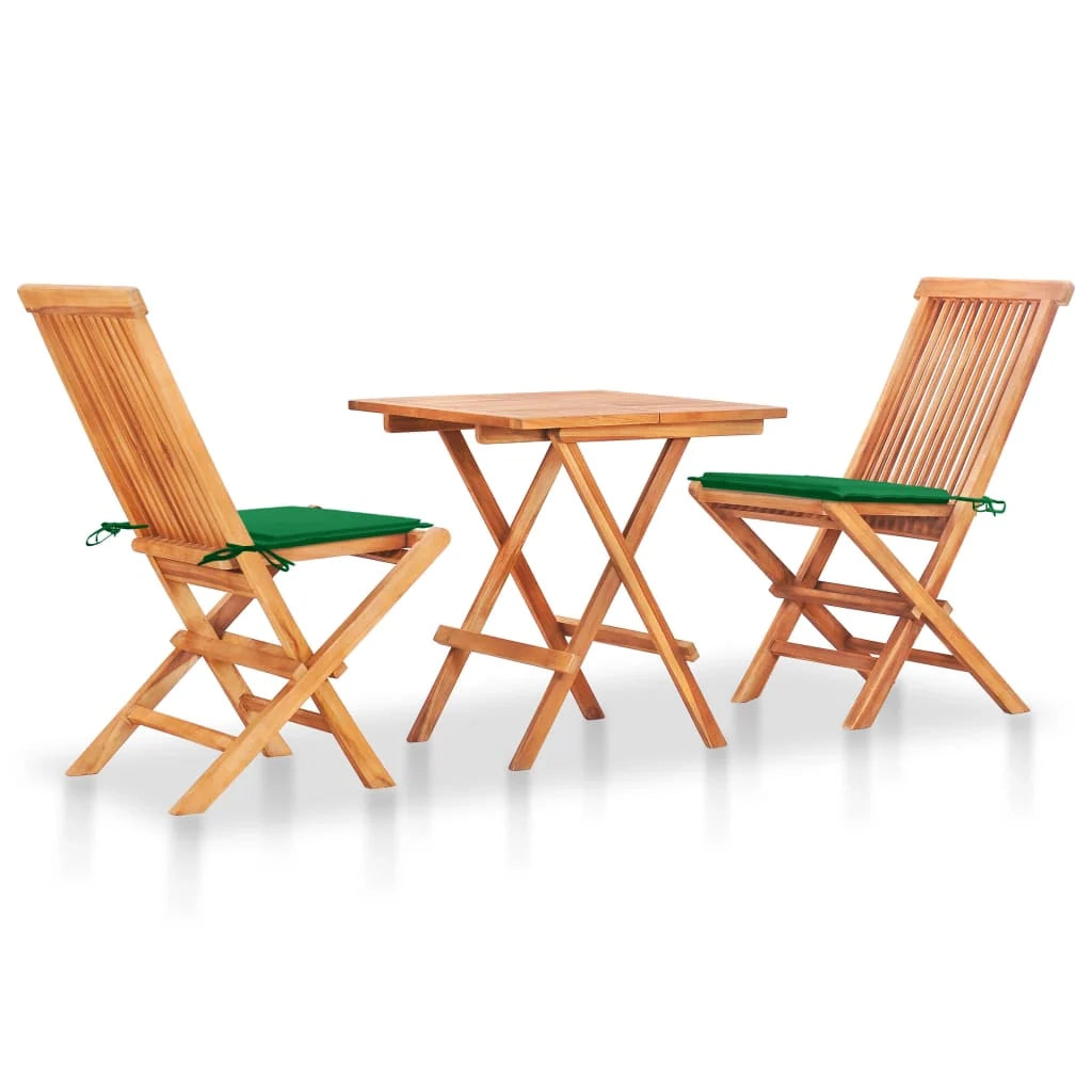 Set da giardino bistrot mobili da esterno terrazza 3 pezzi con cuscini verdi in legno massello di teak 02_0013518