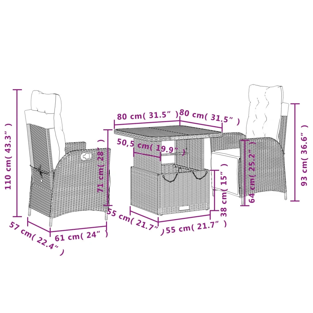 Set da Pranzo da Giardino 3 pz con Cuscini Beige in Polyrattan