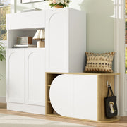 Mobile portascarpe con panca e vano a giorno, 1 cassetto, 5 ante, MDF, bianco e effetto legno, 130 x 35 x 110,5 cm